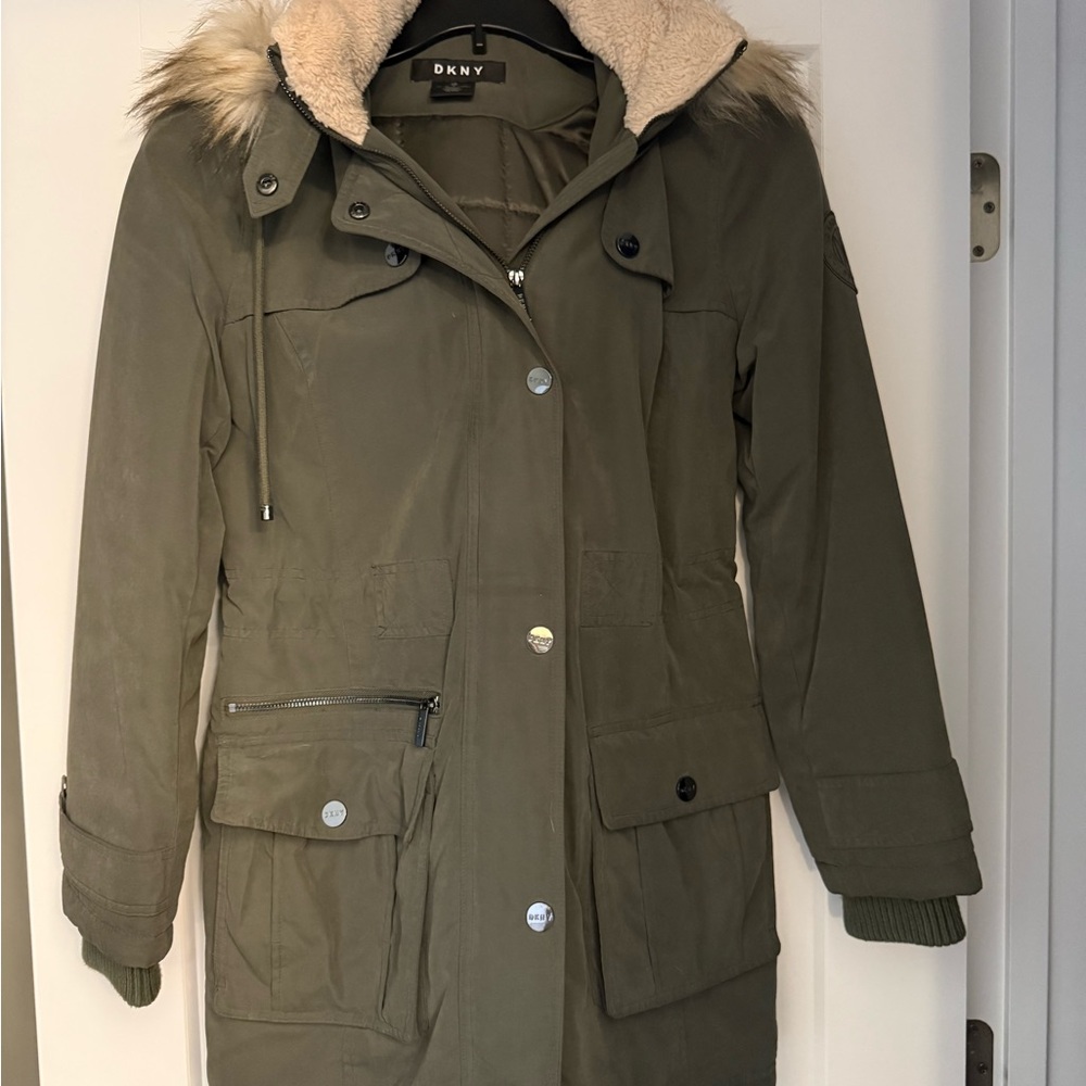 DKNY Women's Utility Jacket with Fur Hood
